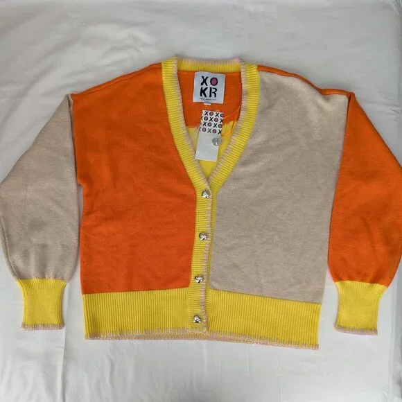 Kerri Rosenthal Radiant Sunshine Heart Color Block Cardigan Sweater Small NWT - Picture 2 of 8